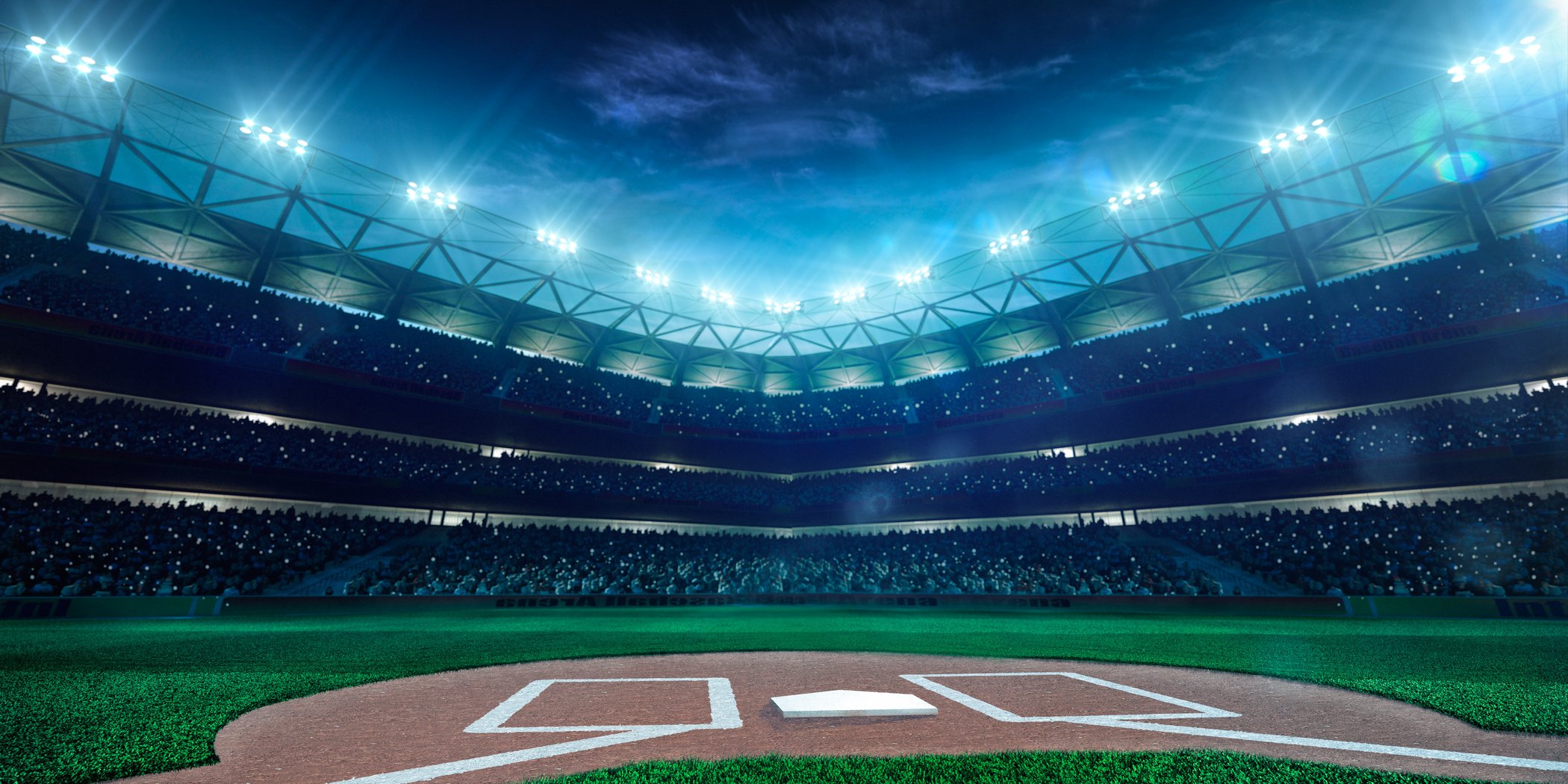 Baseball stadium lit up at night